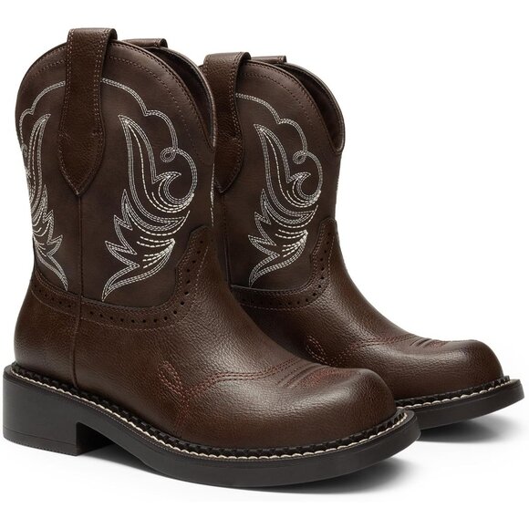 Women's Cowgirl Boots Round Toe Embroidered Mid Calf Western Boots Concert Brown - Picture 4 of 7